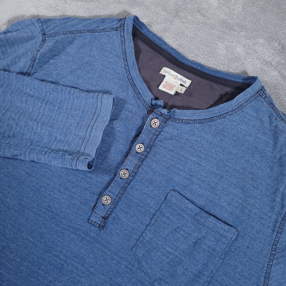 Carbon2Cobalt Shirt Mens Large Blue Henley Long Sleeve Textured Pocket Cotton